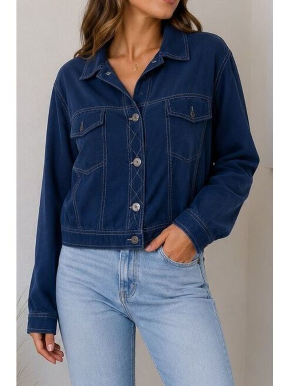 Y2K Carole Little Petites Blue 100% Silk Blouse Women's Utility Button Front